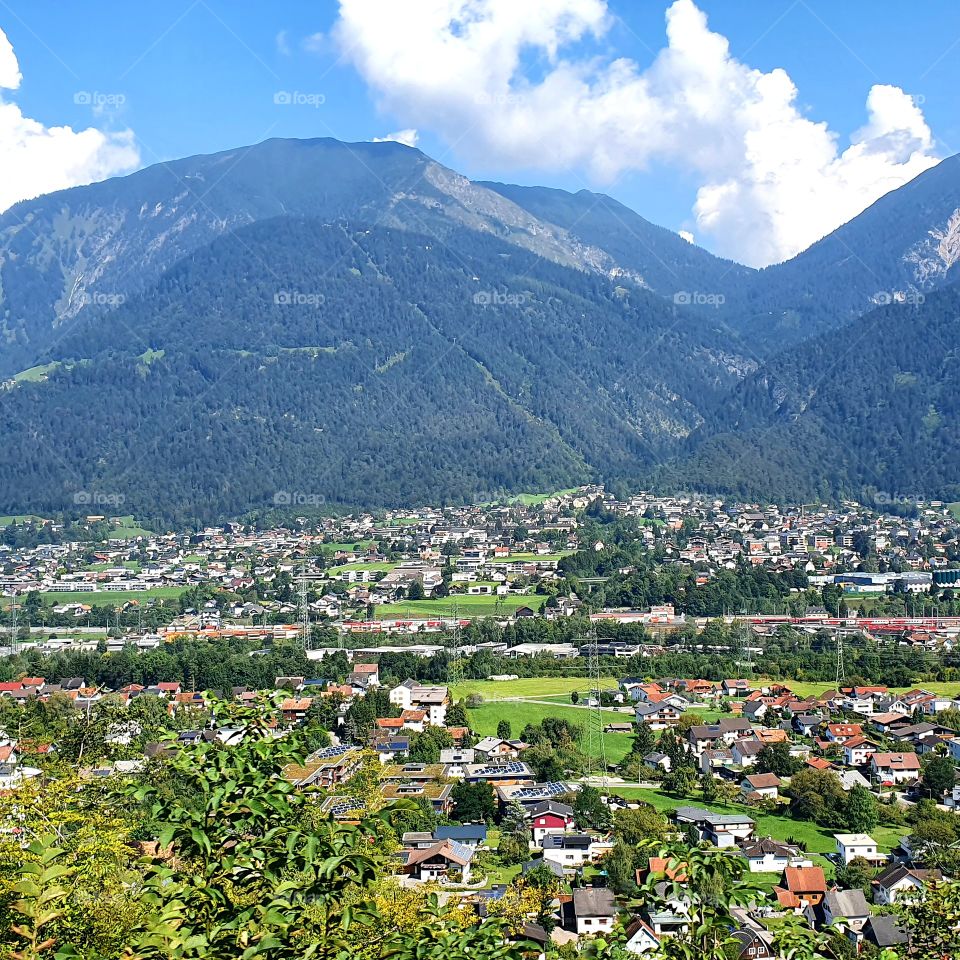 Photographed down from the mountains. Village in Austria.