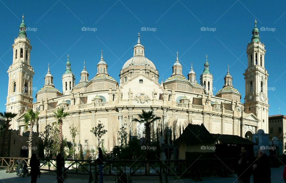 The panoramic view of Cathedral-Basilica of Our Lady of the Pillar, landmark of Zaragoza, Spain