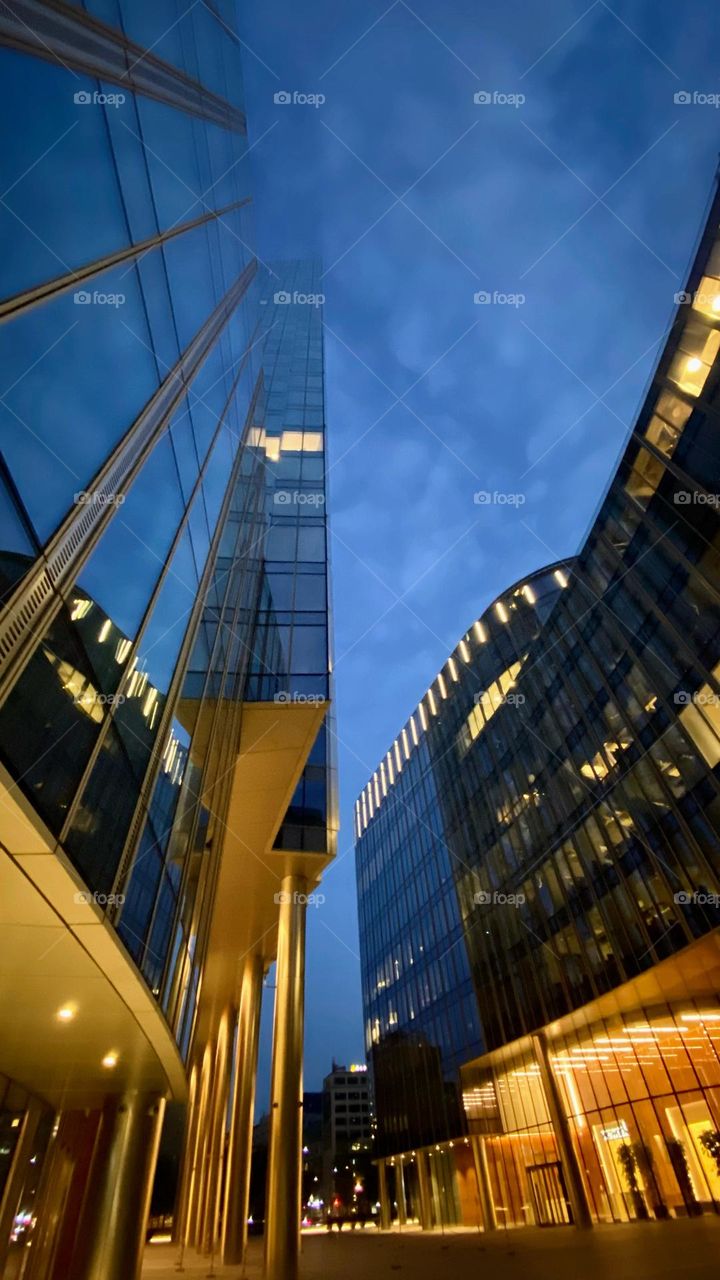 Night walk through the skyscrapers in Warsaw 