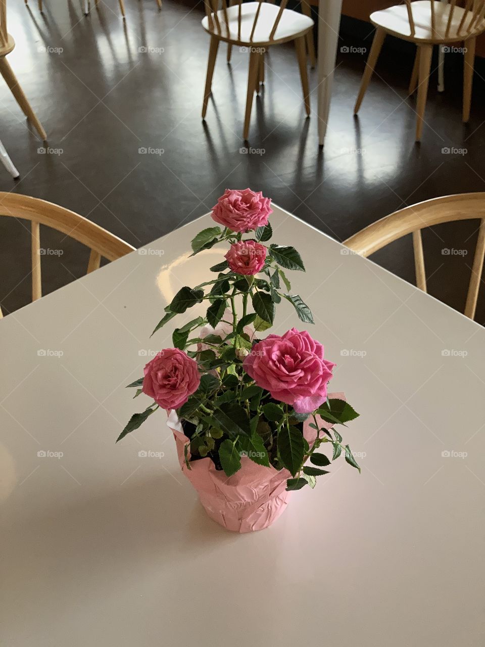 Beautiful pink flowers centered at the corner of the table