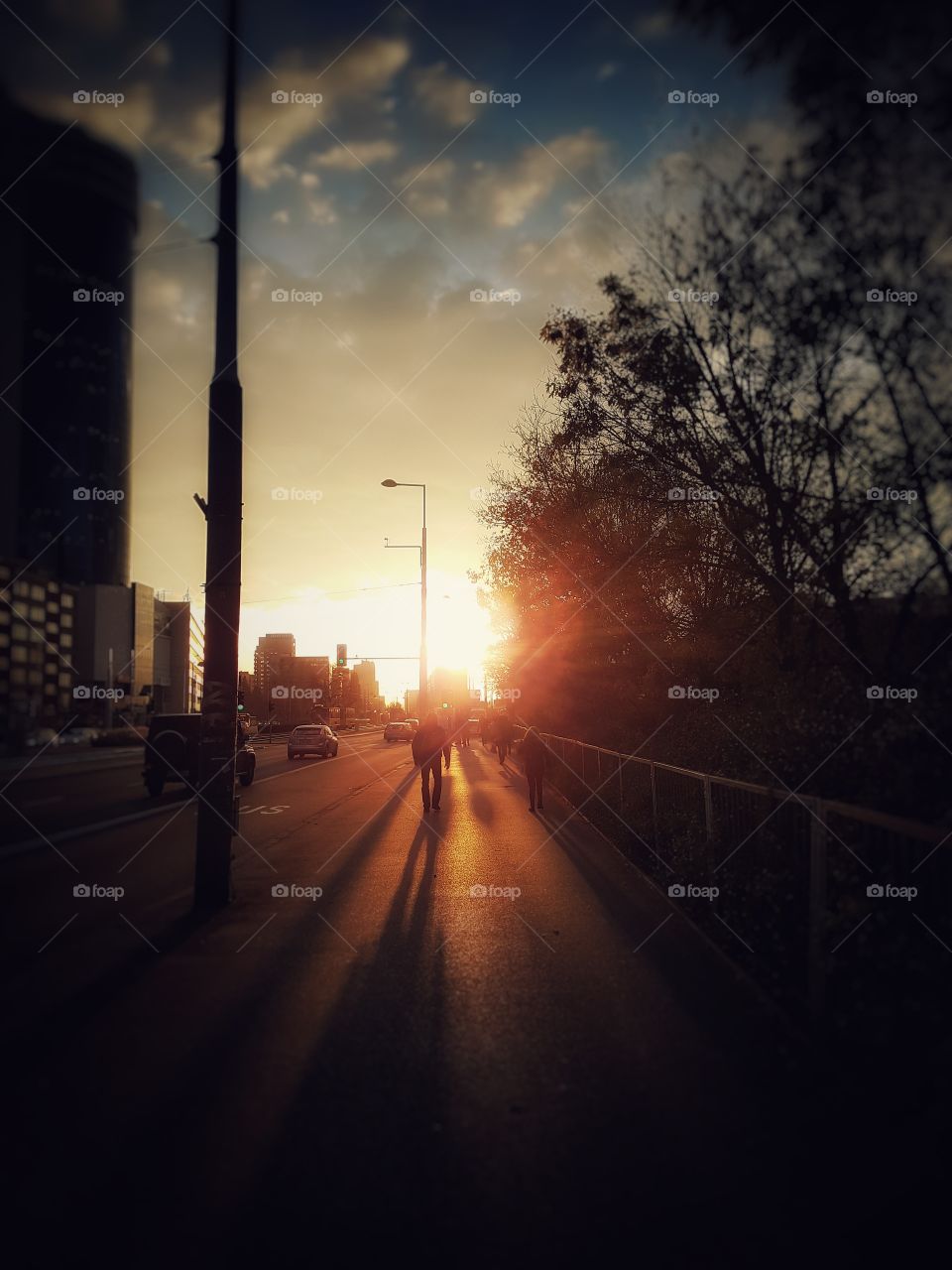 Silhouettes of people in setting sun.