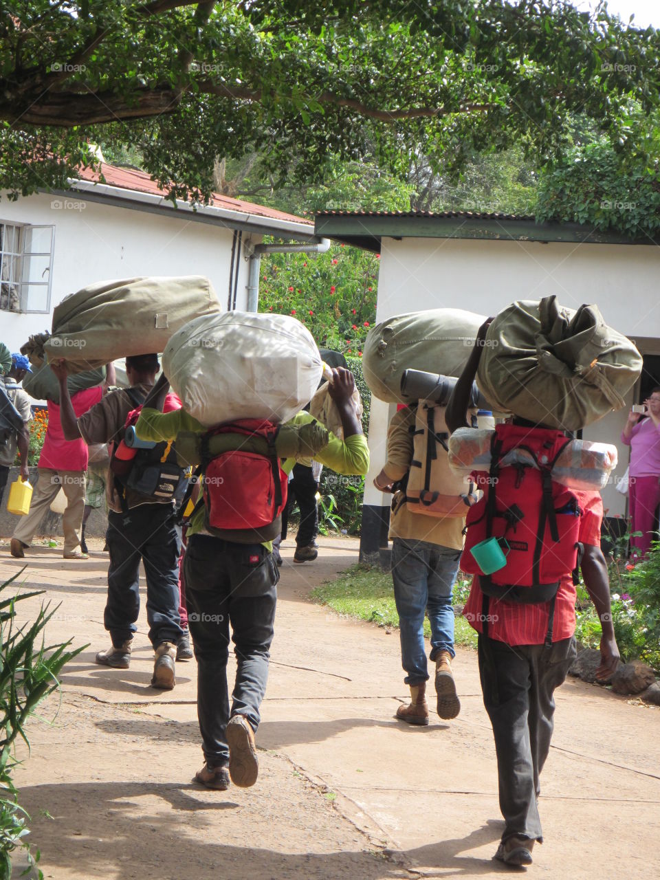 Porters preparing for the trek up Kilimanjaro