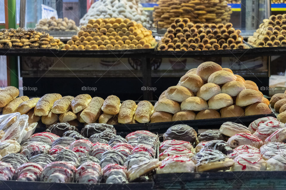 Delicious bread shop at local night market In Luxor Egypt 