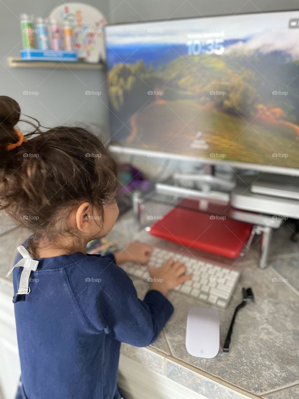 Little girl at desk, little girl at Mommy’s desk, working on the computer, work from home desk, working from home desk set up