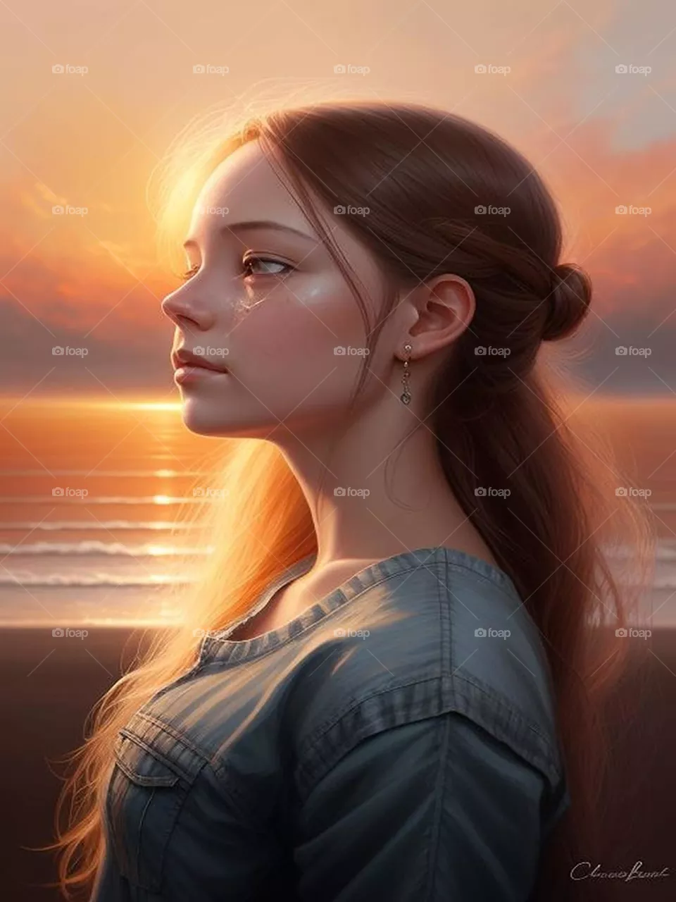 Beautiful girl crying with sunset view