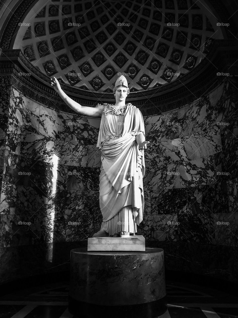 The original artwork was made of copper. A well-preserved complete marble replica survives today, as well as several marble replicas of the head. the statue represents the goddess Athena in a majestic pose.