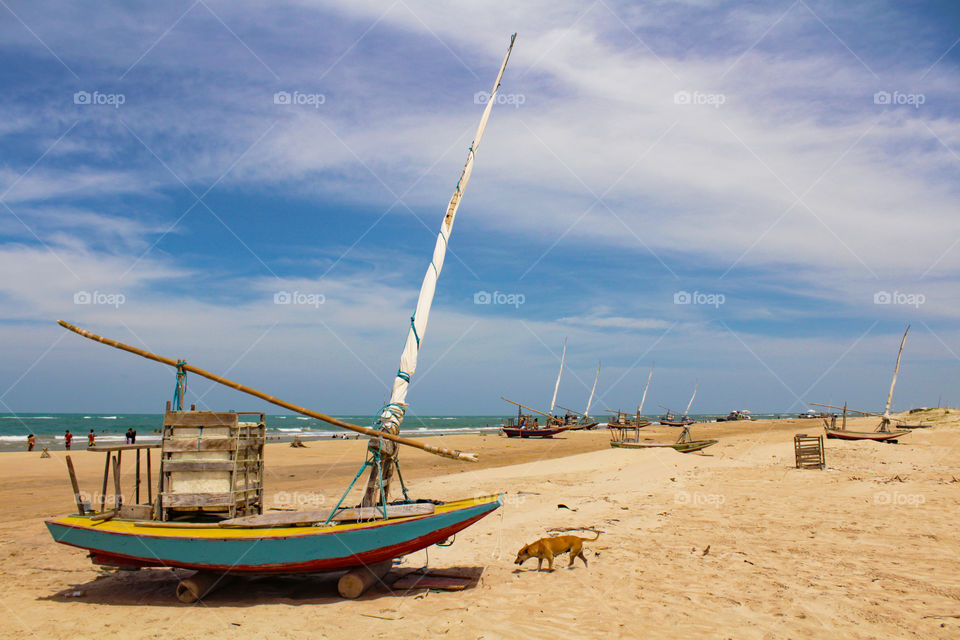 Several rafts on the beach of Trairi in Ceara, northeastern Brazil. Jangadas na praia de Trairi no Ceará.