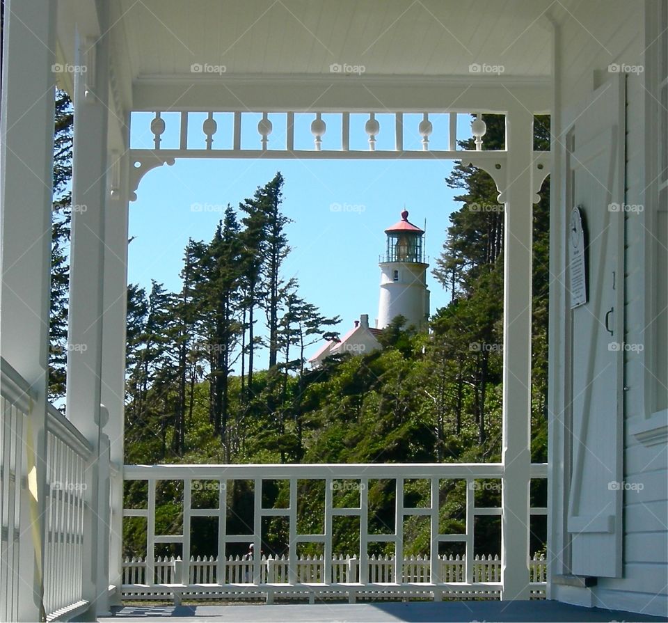 The Lighthouse. Lighthouse as viewed from porch of lighthouse keepers house 
