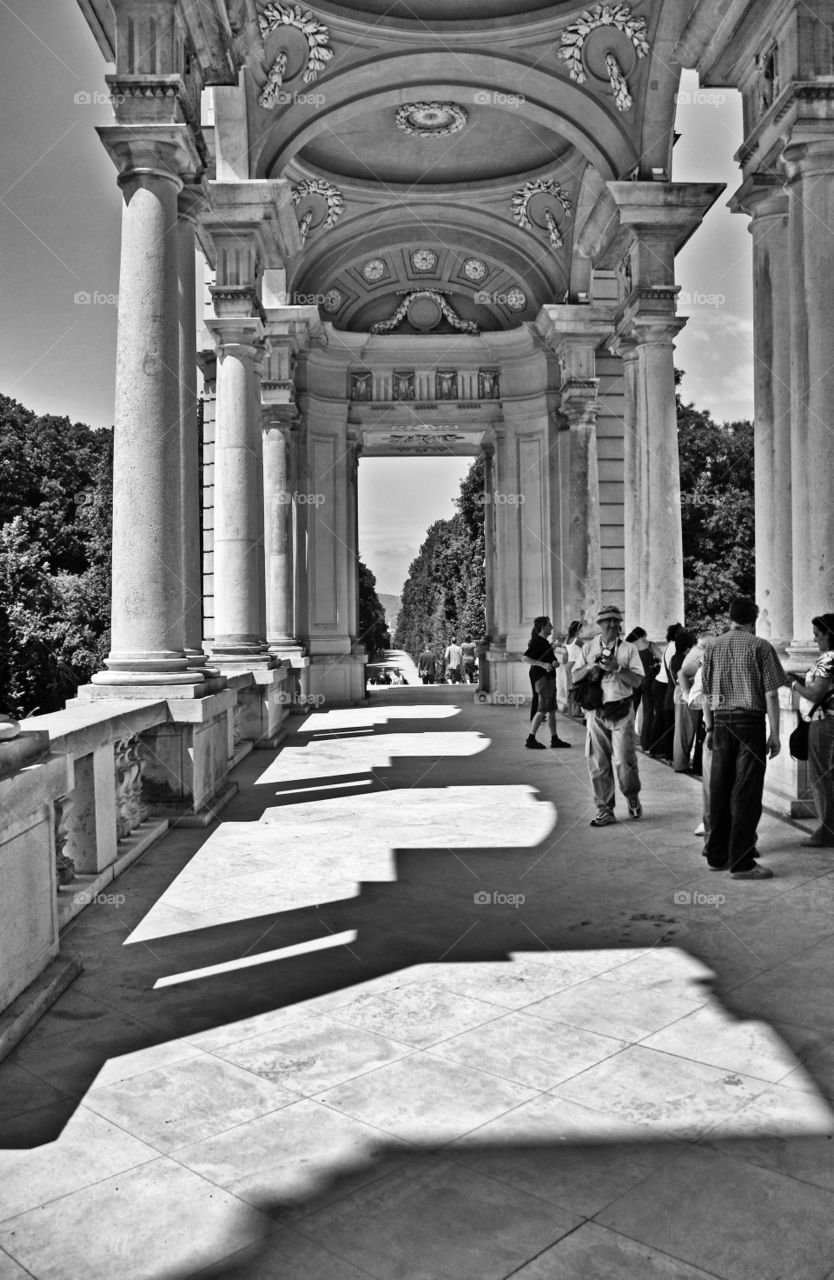 perspective. arcades of pavilion in a park