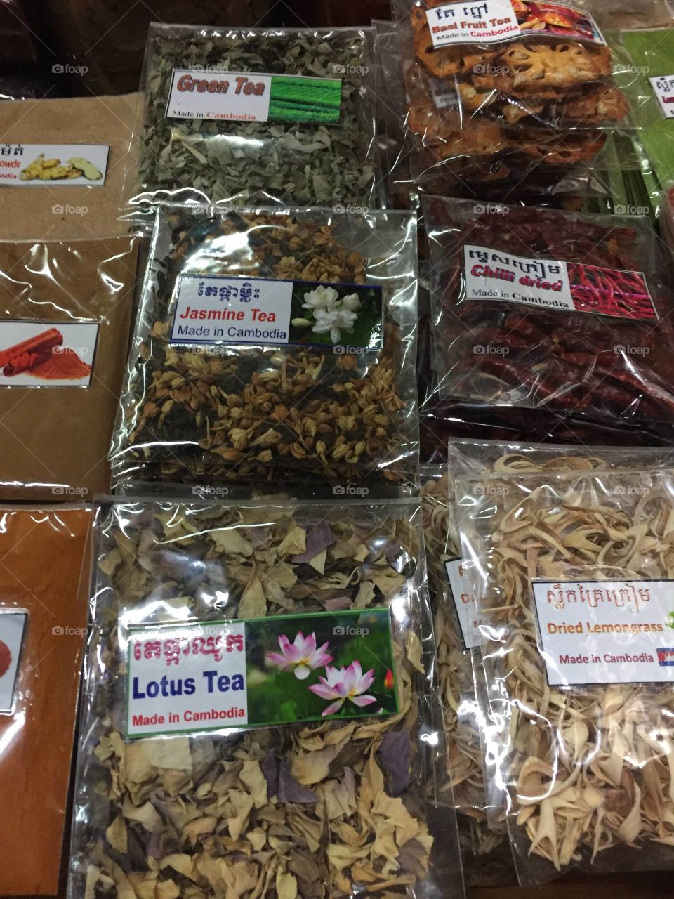 Cambodian Market Tea and Spices at a Local Market in Cambodia. April 2019.