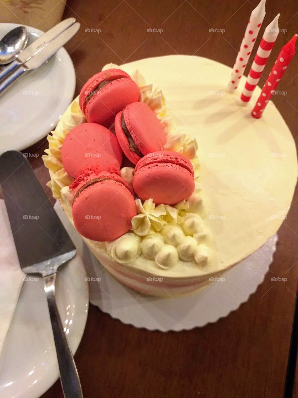 Birthday cake decorated with macaron