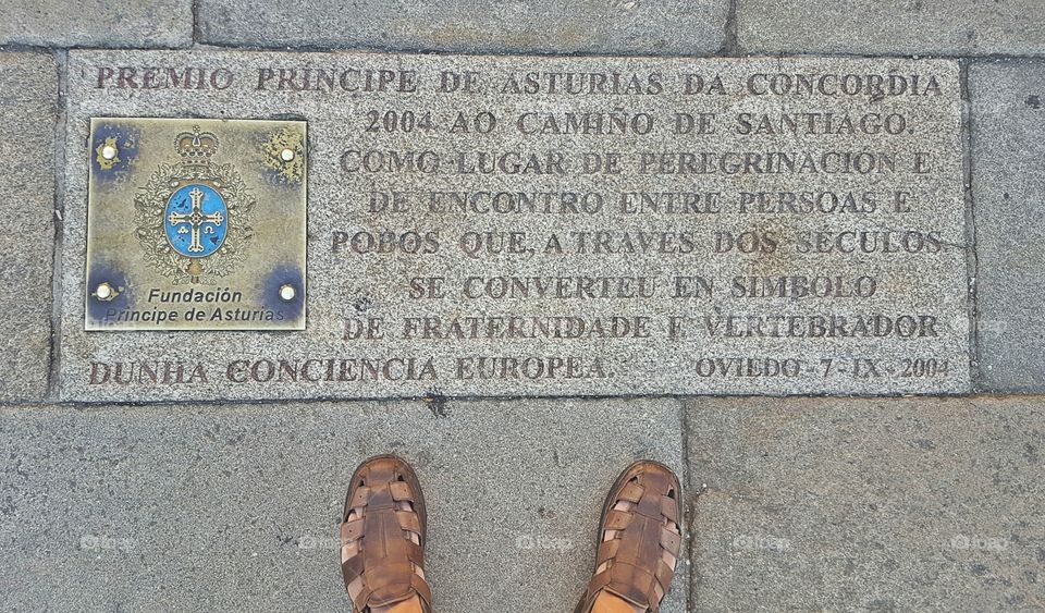 Inscription in Obradoiro Square, end of the Way of St. James, Santiago de Compostela, Spain.
