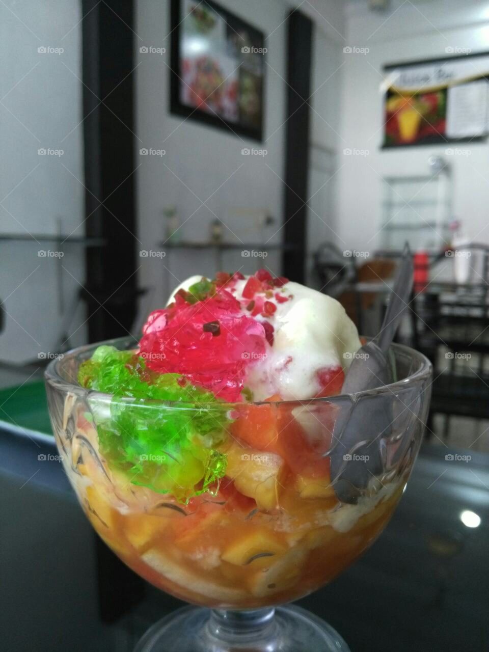 delicious fruit salad with ice cream