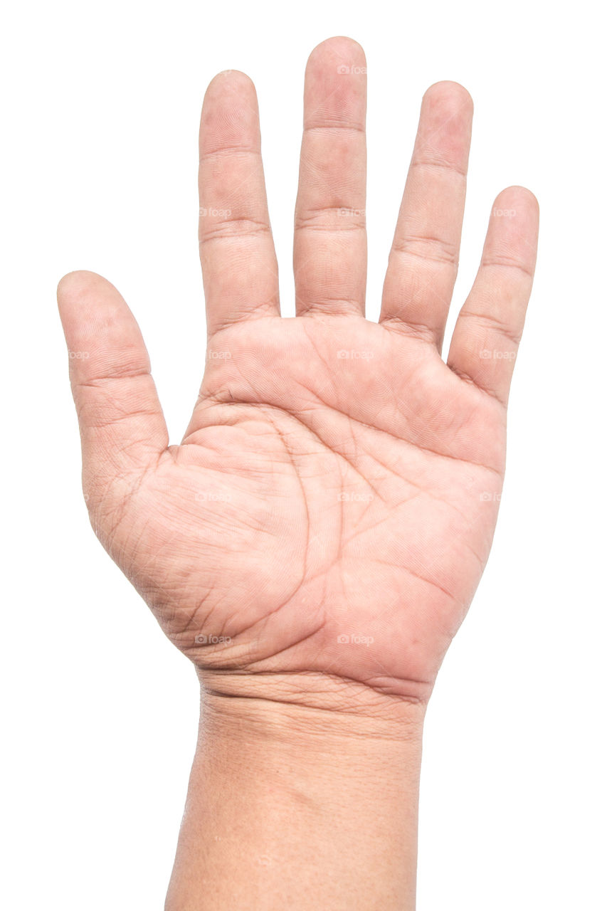A man's hand shows some finger on a white background.