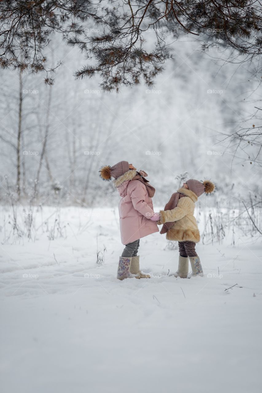 Little sisters in a winter park