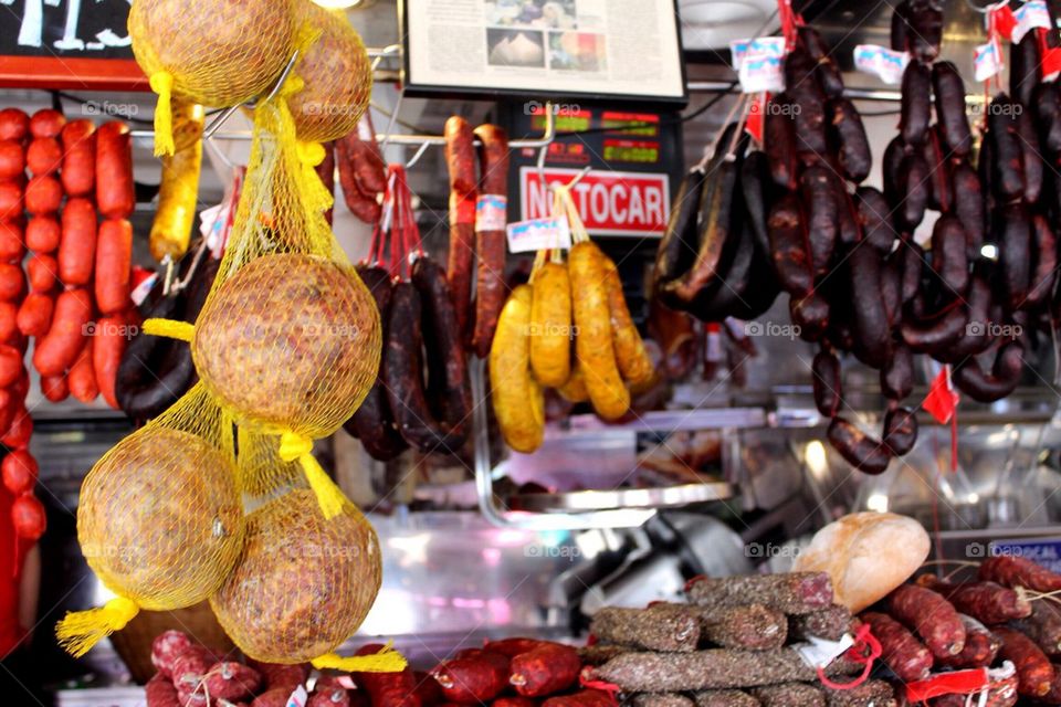 Sausages and meat at a spanish market
