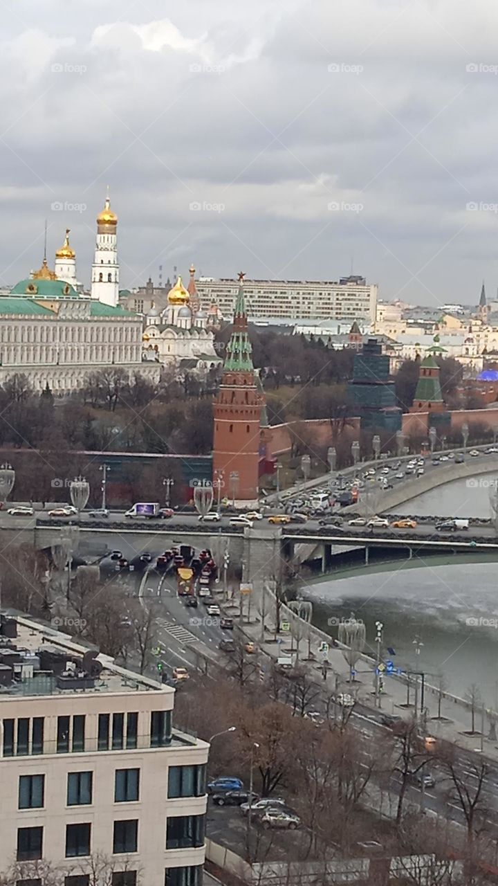 view of the Moscow Kremlin from the observation deck of the Cathedral of Christ the Savior