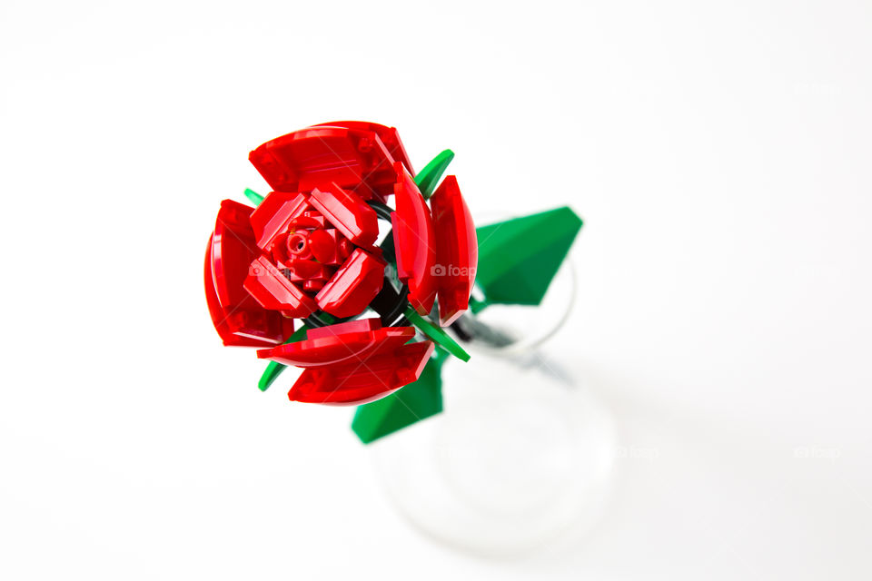 Product Lego botanical rose on white background. Glass flower pot.
