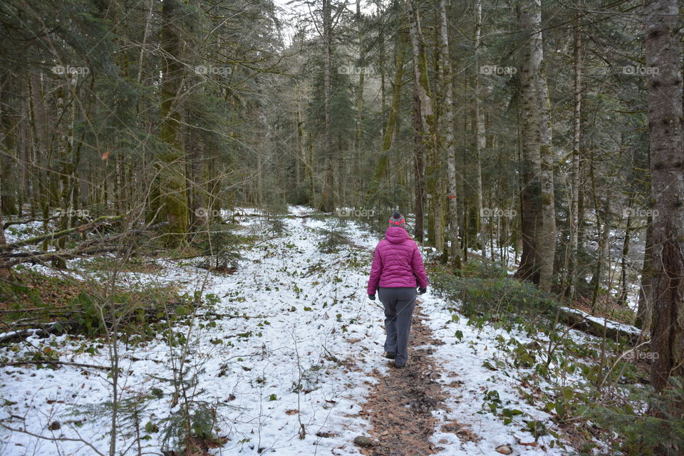 The girl goes on a tourist trail in the winter forest