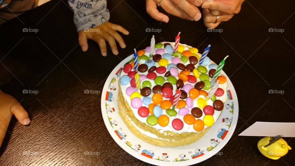 Elevated view of decorated birthday cake
