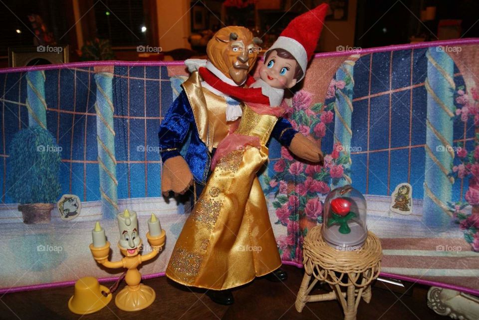 Elfette and The Beast. Our Elf on the Shelf borrowed Belle's dress and set up a little ballroom for herself and The Beast.