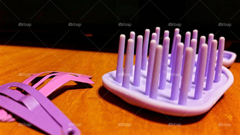 Purple Hair Brush and Hair Clips