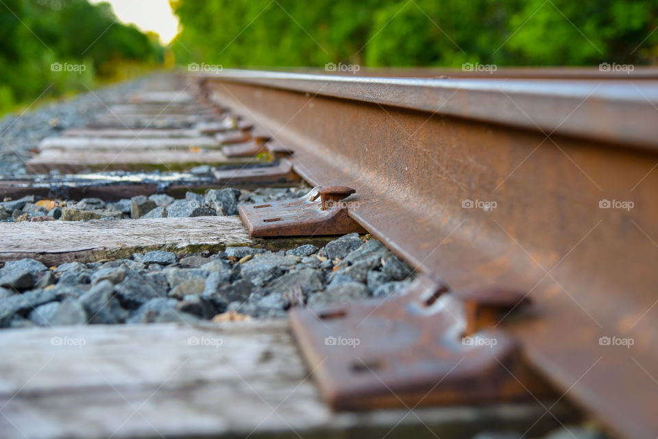 Closeup of railroad ties and spikes
