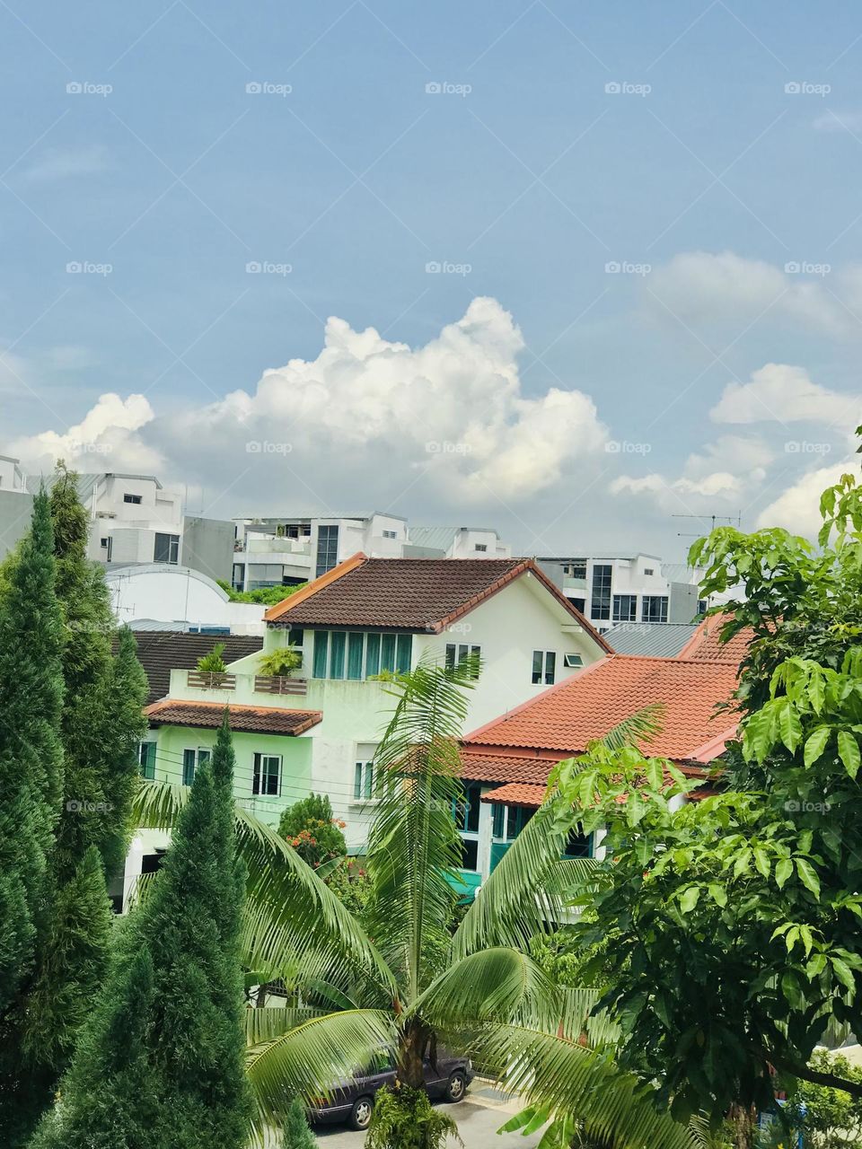 A bunch of silver clouds in the sky and the beautiful ancient individual houses along with green trees below the clouds looks more beautiful 😍