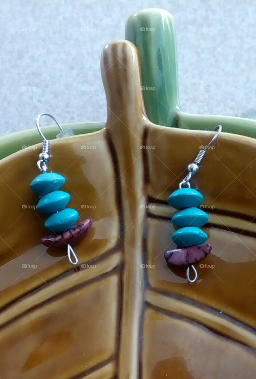 Handmade turquoise wooden  and pink nutshell beaded earrings