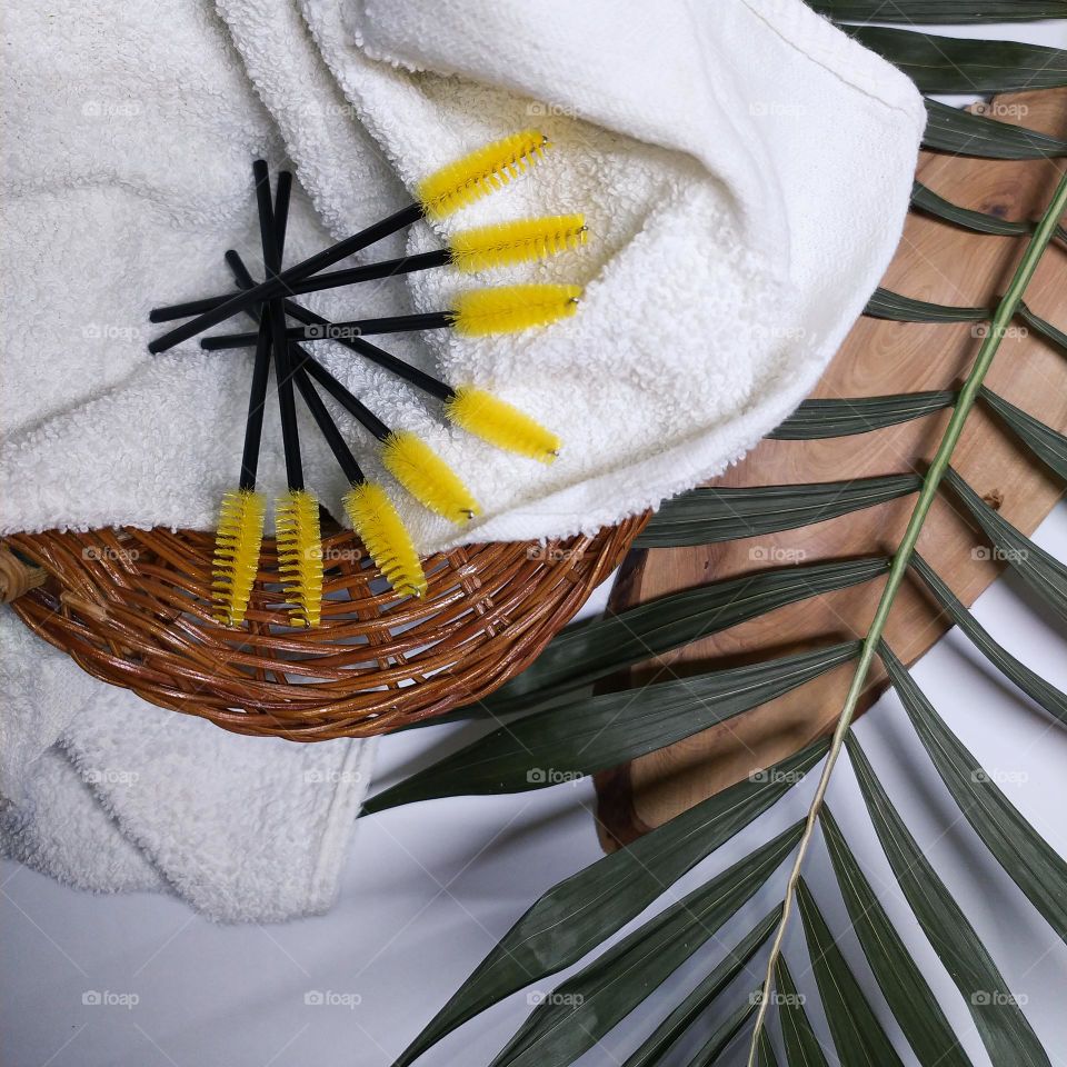 Eyebrow brushes. SPA. White towel. Beauty background.