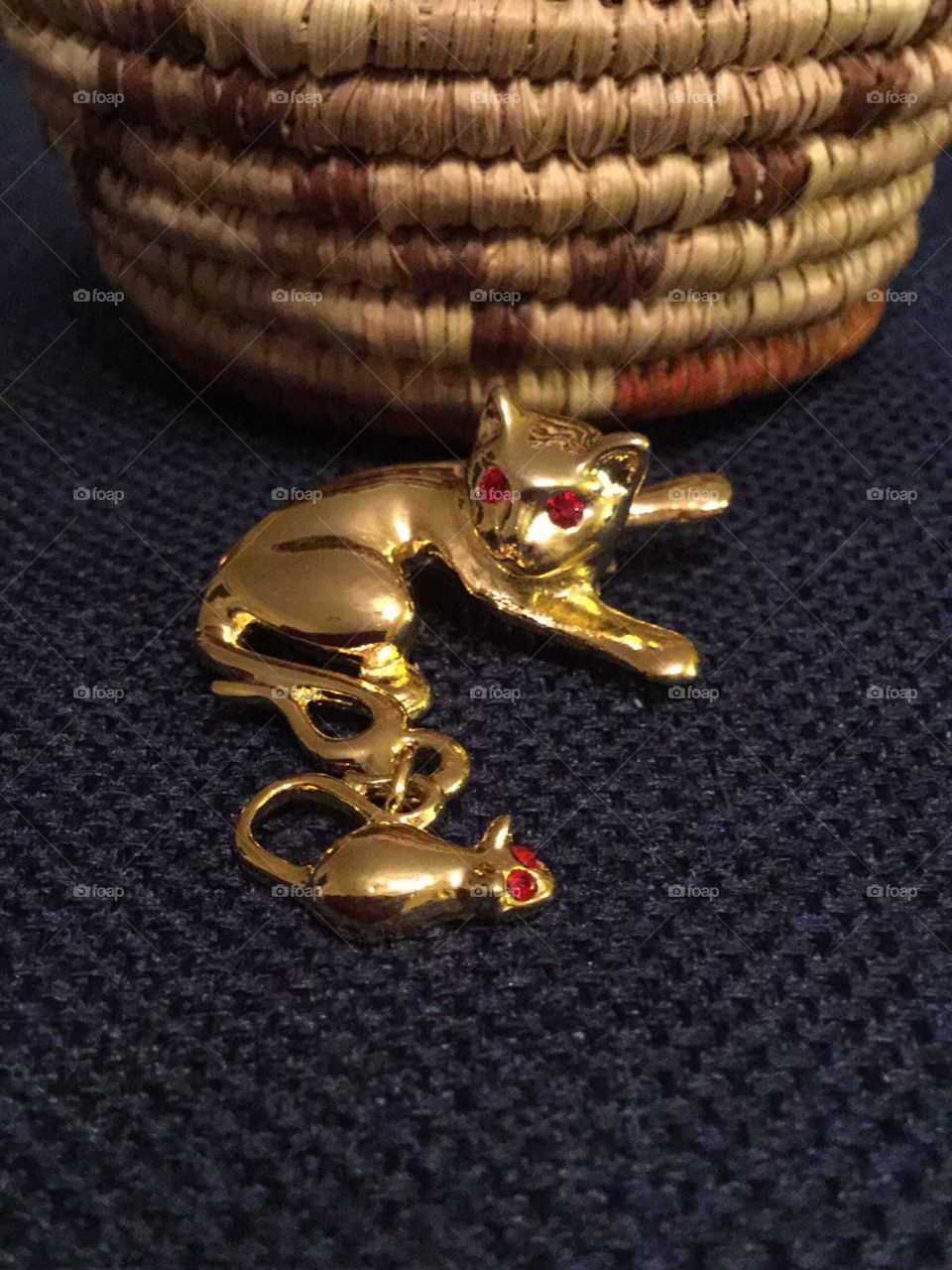 Gold Cat and Mouse with Ruby eyes Brooch 