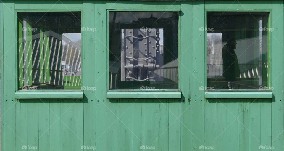 Wooden cabin of an old crane in Antwerp, Belgium.
