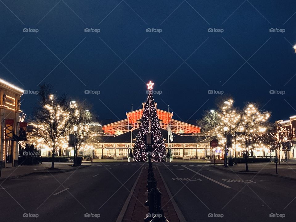 Early morning at the mall, during winter. The large holiday tree is decked out in lights. 