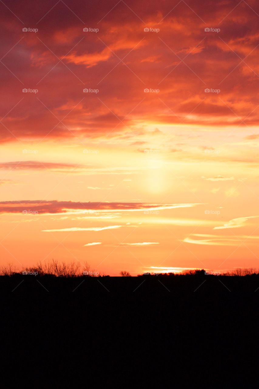 A canopy of brilliantly colored orange and gold-colored clouds in a pastel-yellow sky with a single vertical ray of the sun above a silhouetted rural horizon