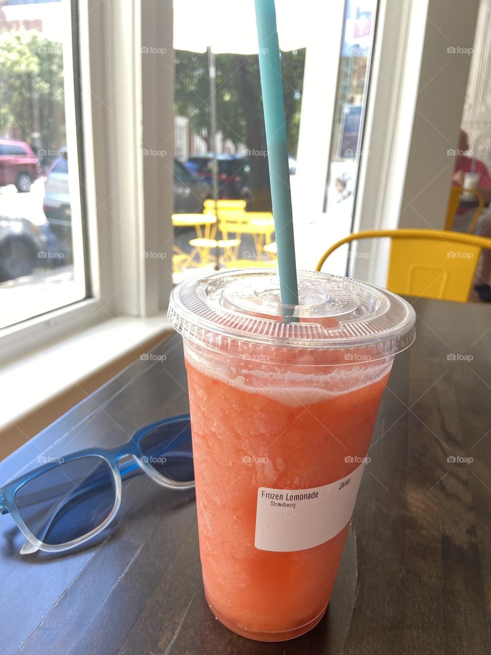 A frozen lemonade infused with strawberry. It’s an icy sweet/tart treat on a warm day. 