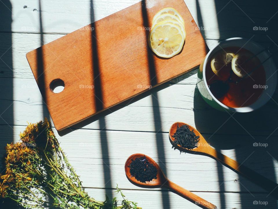 Herbal tea with lemon slice