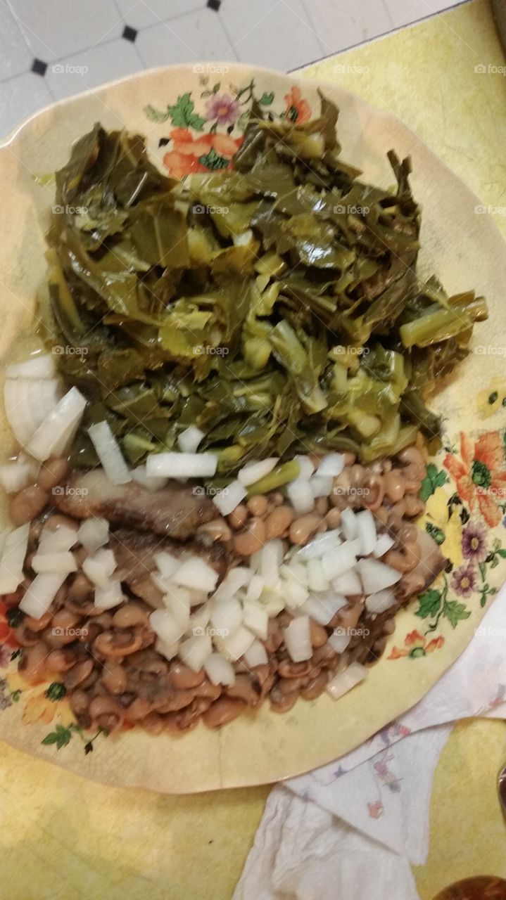 New years day dinner. traditional southern fair for new years day dinner. .is greens..beans..bacon..and cornbread muffins