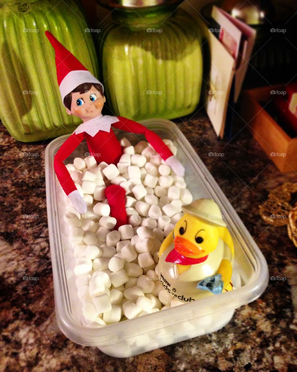 Elf on shelf in marshmallow bath
