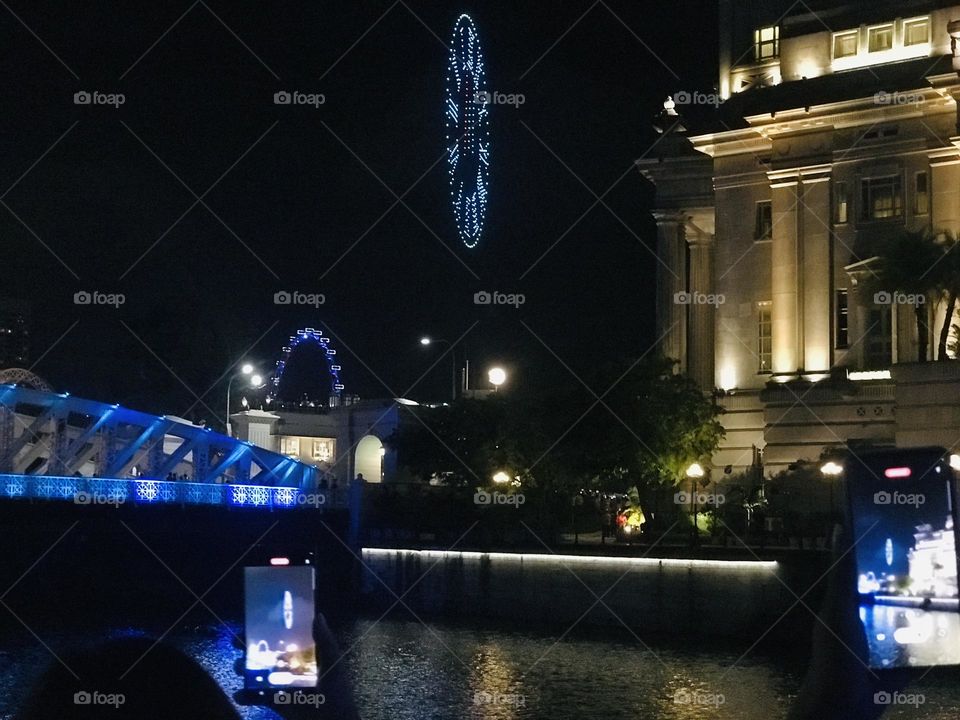 Fullerton hotel and welcoming new year by led light countdown in the sky in Singapore 