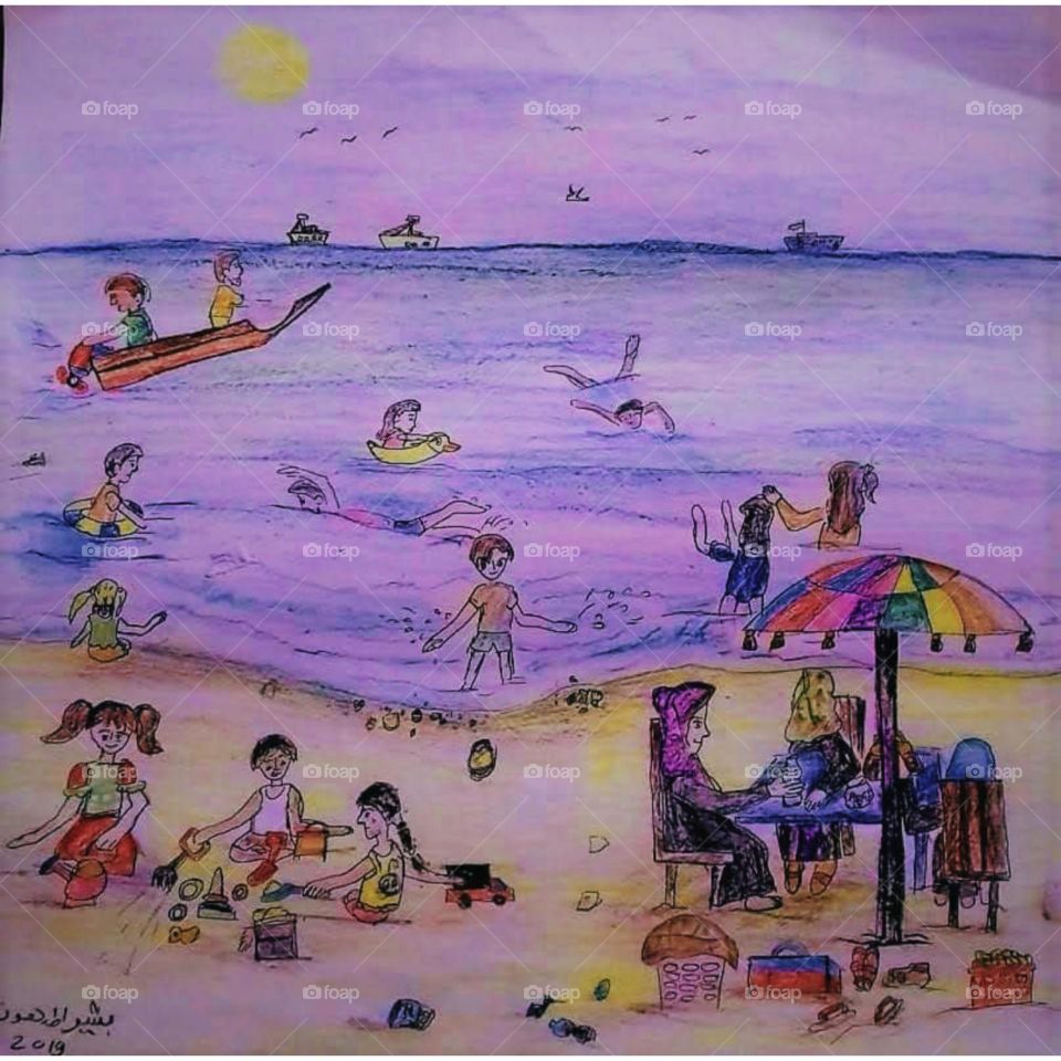 This work of art was drawn by my young son, he is only 10 years old. The people lining up on the seashore, with some details of the people on the beach, surprised me with his perception of the scene.