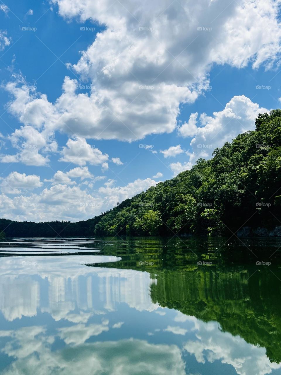 Clear, clean water rippling and reflecting the the surrounding clouds and trees