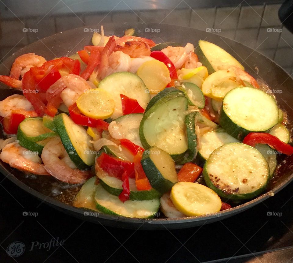 What's for dinner. Eating healthy, Zucchini, Squash, Peppers, Sweet Onion,  Shrimp 