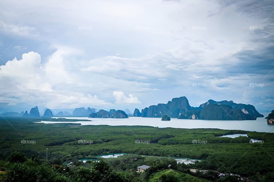 The view from high above the island, sea and mountains is very beautiful.