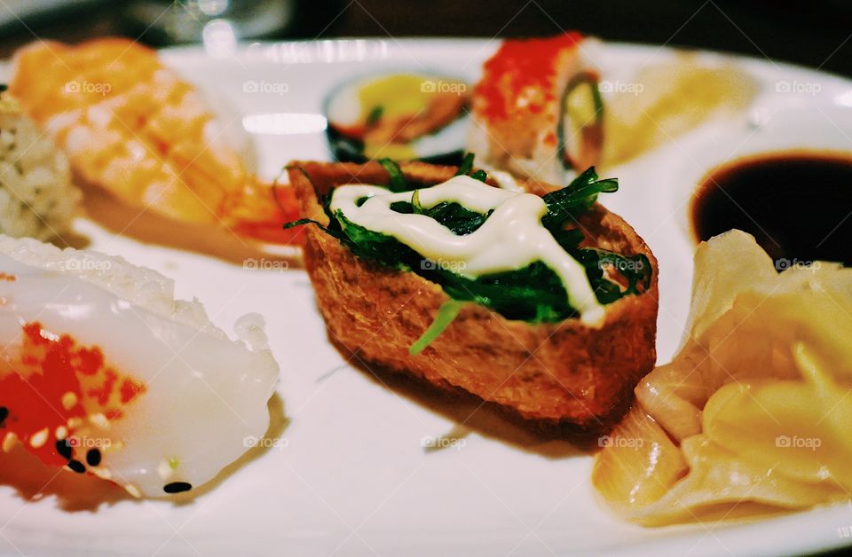 Close-up of delicious seafood in plate