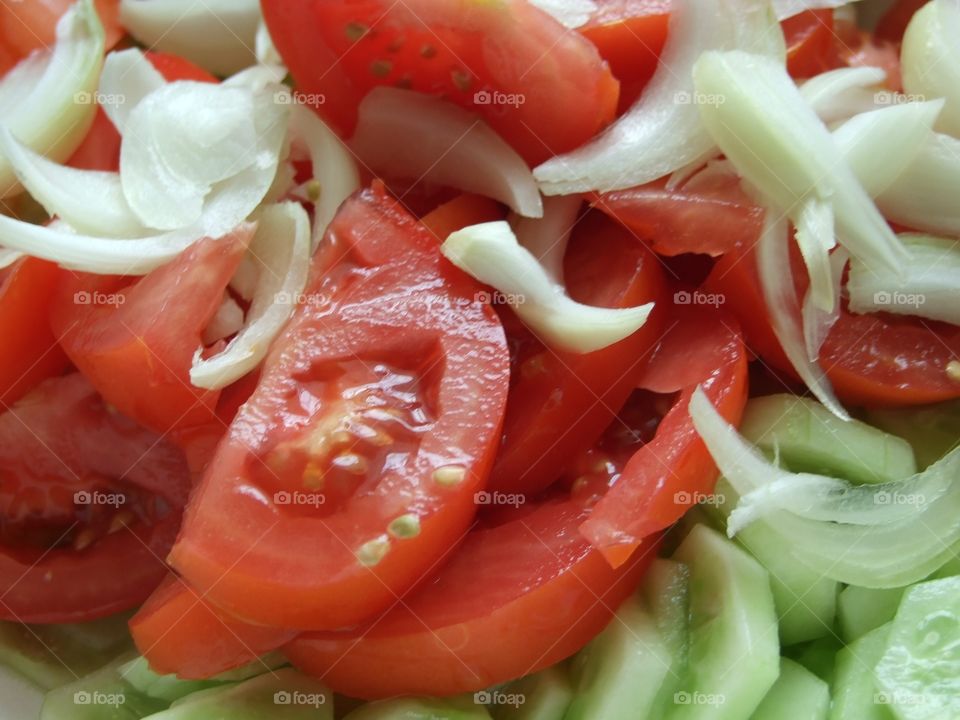 tomatos, cucumber and onion