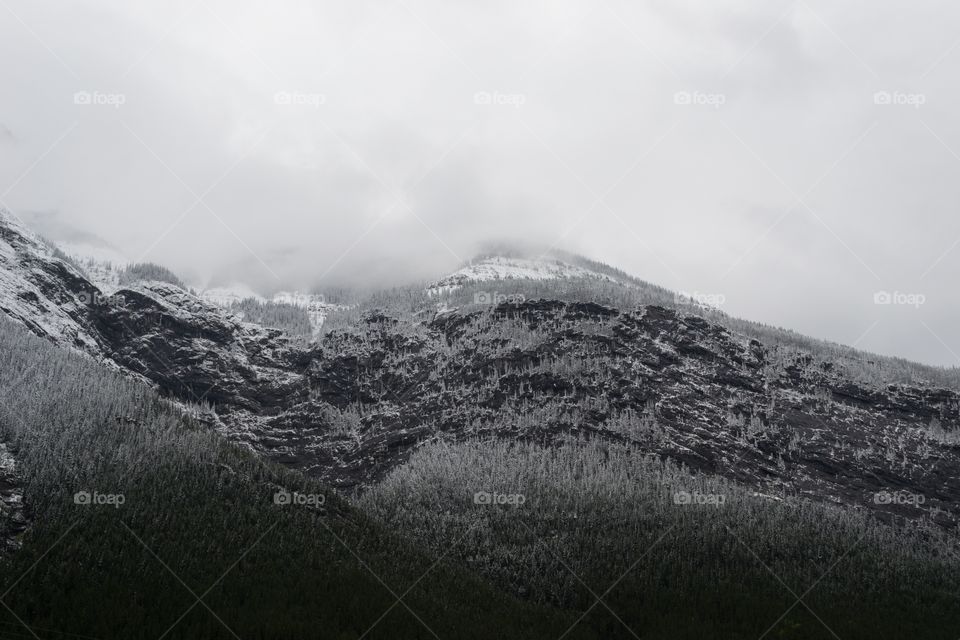 Canada's Rocky Mountains on stormy grey day under new spring snowfall
