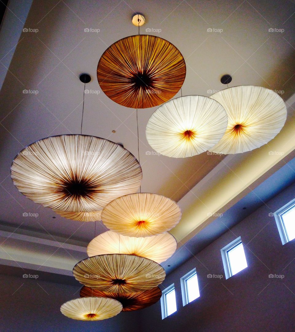 Up up and away. A ceiling in a spa that looks like mushrooms!