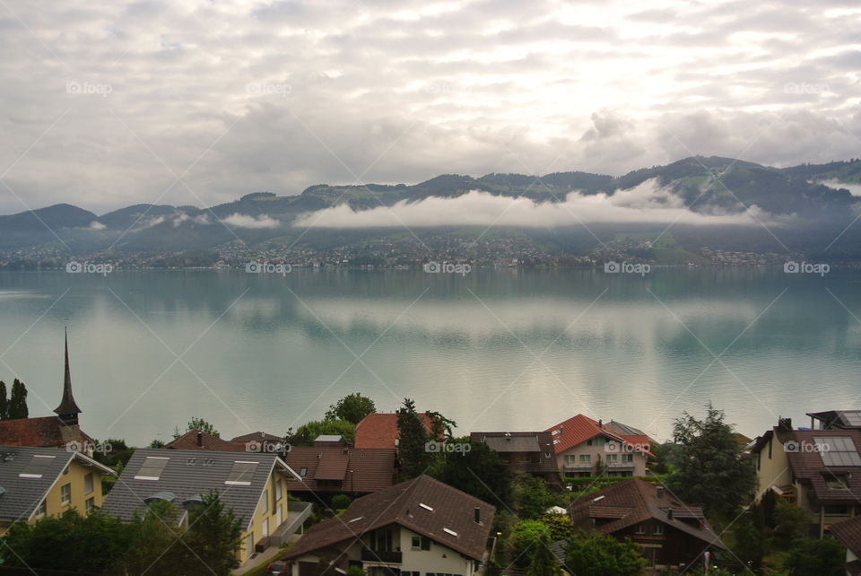 Small Town on a Lake in Switzerland. Swiss Lake