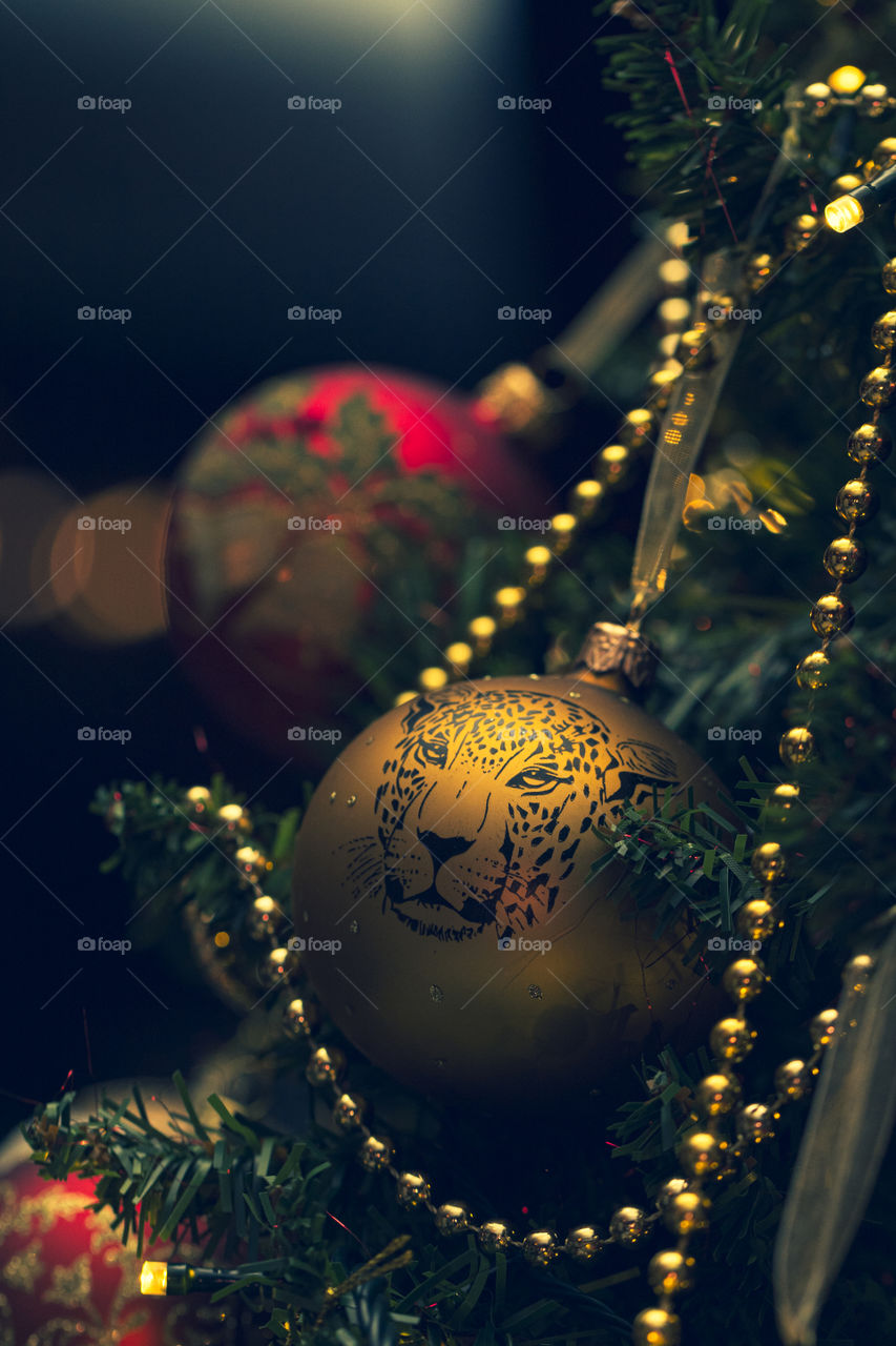 A portrait of a rare christmas ball with the picture of a cheeta on it. The ornament get more special each year.