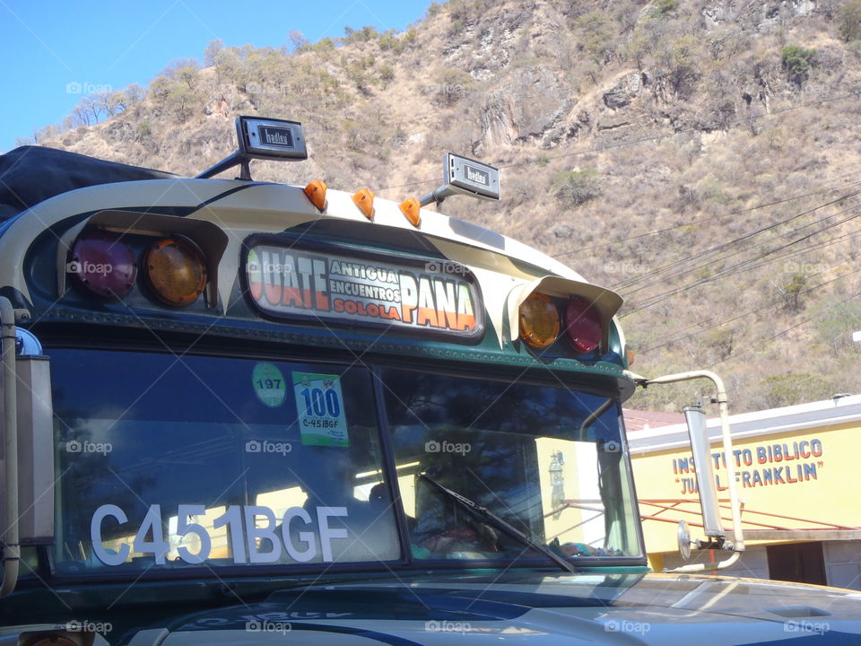 Guate to Pana chicken bus. Front of the chicken bus from Guatemala City to Panajanchel